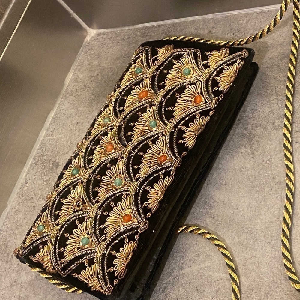 STUNNING vintage handmade real gemstones black and gold detail purse